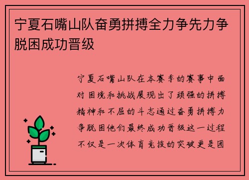 宁夏石嘴山队奋勇拼搏全力争先力争脱困成功晋级