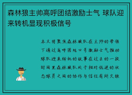 森林狼主帅高呼团结激励士气 球队迎来转机显现积极信号