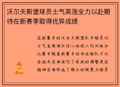 沃尔夫斯堡球员士气高涨全力以赴期待在新赛季取得优异成绩