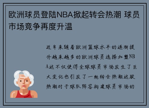 欧洲球员登陆NBA掀起转会热潮 球员市场竞争再度升温