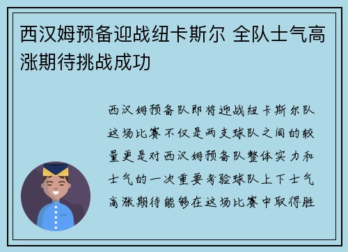 西汉姆预备迎战纽卡斯尔 全队士气高涨期待挑战成功