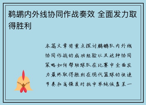 鹈鹕内外线协同作战奏效 全面发力取得胜利