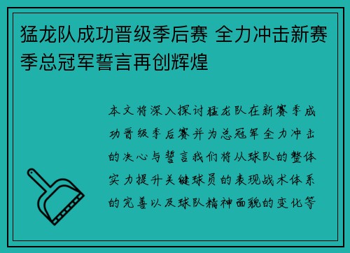 猛龙队成功晋级季后赛 全力冲击新赛季总冠军誓言再创辉煌