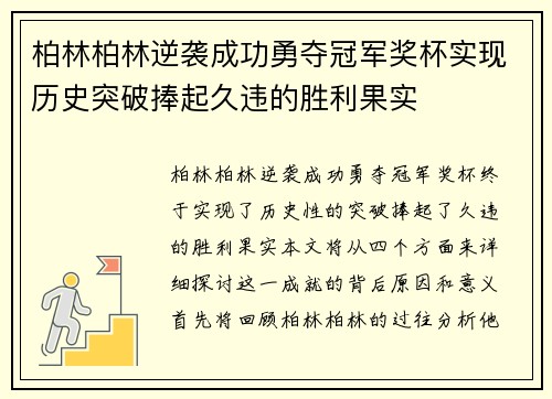 柏林柏林逆袭成功勇夺冠军奖杯实现历史突破捧起久违的胜利果实