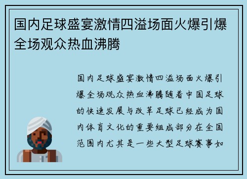 国内足球盛宴激情四溢场面火爆引爆全场观众热血沸腾